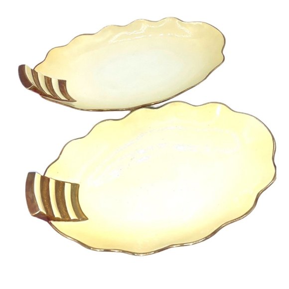 Art Deco Carlton Ware Yellow Gold Rim Stripped Handle Scalloped Oval Platters - Picture 8 of 8